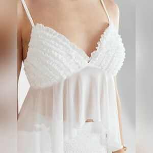 Women's Romantic Beachy Flowy Ruffle Sheer Cami Bra Top Spaghetti Straps, White